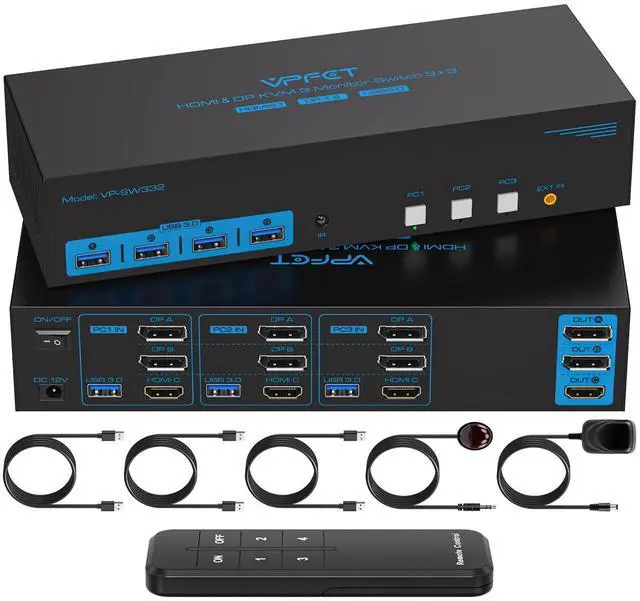 Kvm Switch 8K 3 Monitors 3 Computers HDMI + DisplayPort, KCEVE USB