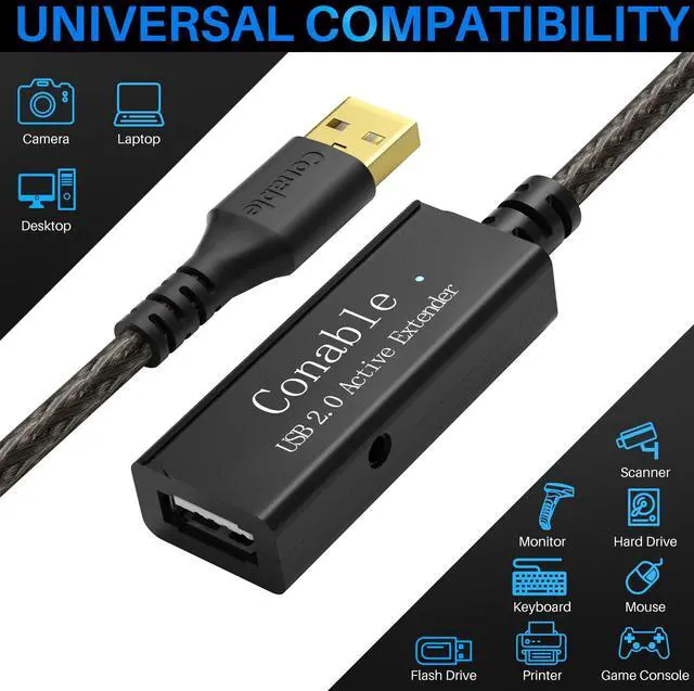 Alt view image 5 of 5 - Active USB Extension Cable 50 Feet, USB 2.0 A Male to Female Cord (from 2ft to 150ft for Selection), with an Extension Chipset Signal Booster, 22AWG Tinned Pure Copper, (AC Power Supply Included)