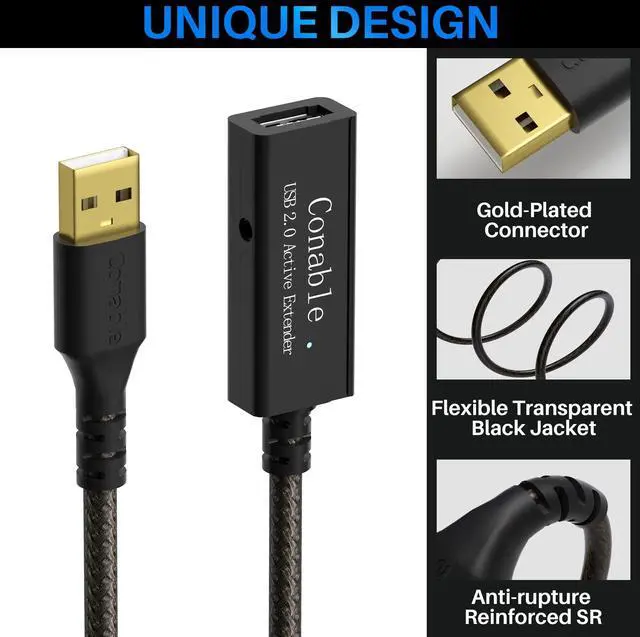 Alt view image 2 of 5 - Active USB Extension Cable 50 Feet, USB 2.0 A Male to Female Cord (from 2ft to 150ft for Selection), with an Extension Chipset Signal Booster, 22AWG Tinned Pure Copper, (AC Power Supply Included)
