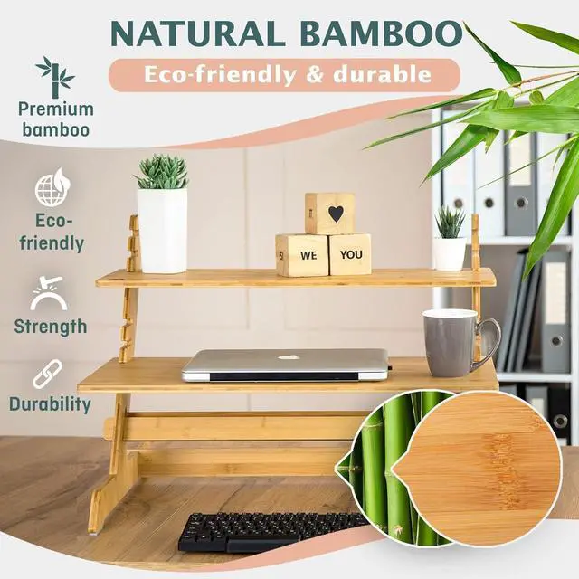 Alt view image 4 of 5 - Adjustable Standing Desk Riser 100% Natural Bamboo Desk Converter Monitor Stand - No Screws, Sets up in Under 1 Minutes - for Home or Office Use (19" High 26" Wide