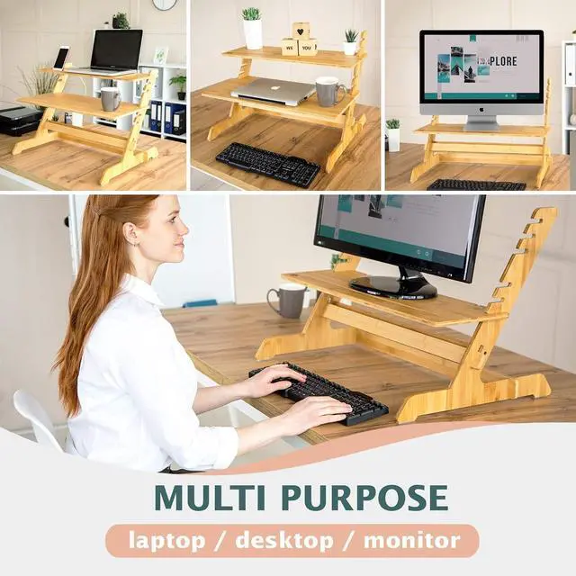 Alt view image 5 of 5 - Adjustable Standing Desk Riser 100% Natural Bamboo Desk Converter Monitor Stand - No Screws, Sets up in Under 1 Minutes - for Home or Office Use (19" High 26" Wide