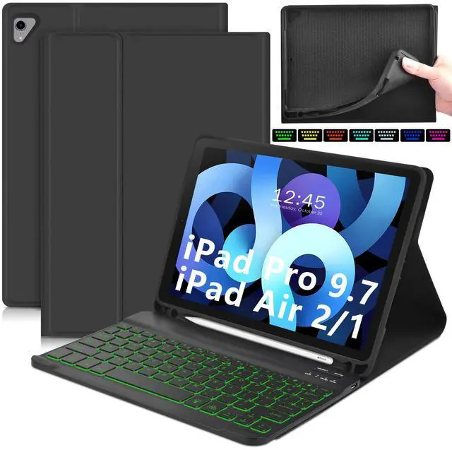 Main image of DETUOSI for iPad Air 2 Keyboard Case, for iPad 9.7" 2017/2018 Keyboard Case with Apple Pencil Holder, Detachable Wireless 7-Colors Backlit Keyboard + PU Leather Cover for iPad Pro 9.7", for iPad Air 1