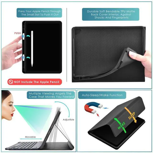 Alt view image 4 of 5 - DETUOSI for iPad Air 2 Keyboard Case, for iPad 9.7" 2017/2018 Keyboard Case with Apple Pencil Holder, Detachable Wireless 7-Colors Backlit Keyboard + PU Leather Cover for iPad Pro 9.7", for iPad Air 1