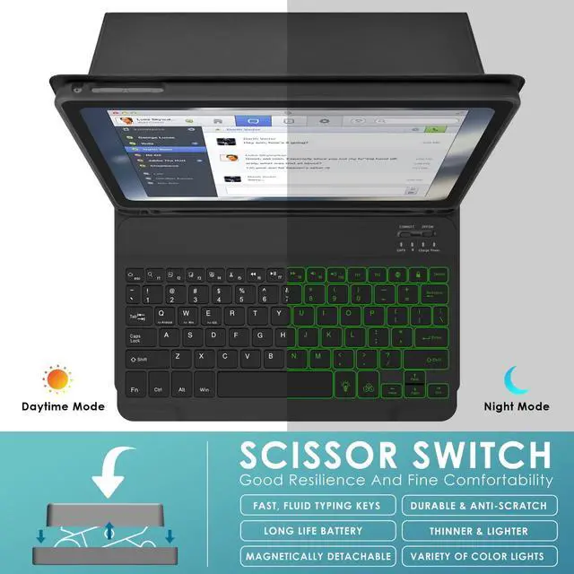 Alt view image 5 of 5 - DETUOSI for iPad Air 2 Keyboard Case, for iPad 9.7" 2017/2018 Keyboard Case with Apple Pencil Holder, Detachable Wireless 7-Colors Backlit Keyboard + PU Leather Cover for iPad Pro 9.7", for iPad Air 1