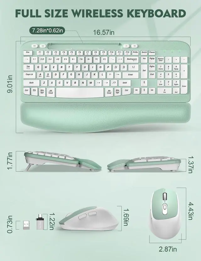 Alt view image 3 of 5 - Wireless Keyboard and Mouse Combo, Wave Keys Full-Sized Ergonomic Keyboard with Cushioned Plam Rest, Phone Holder, Comfortable Natural Typing, 2.4G Cordless Set for Computer, Laptop, PC, Mac, Windows
