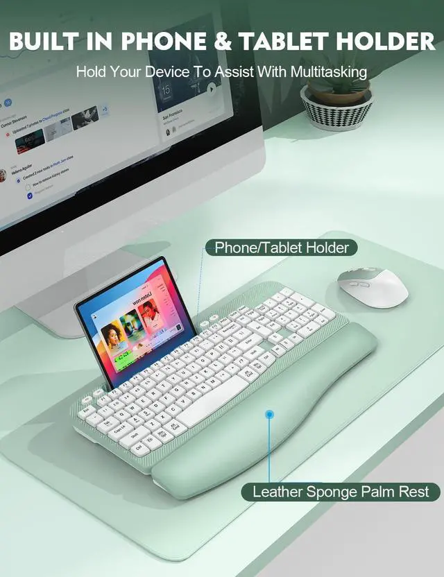 Alt view image 5 of 5 - Wireless Keyboard and Mouse Combo, Wave Keys Full-Sized Ergonomic Keyboard with Cushioned Plam Rest, Phone Holder, Comfortable Natural Typing, 2.4G Cordless Set for Computer, Laptop, PC, Mac, Windows