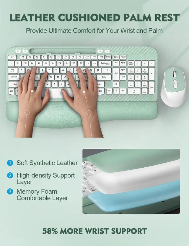 Alt view image 2 of 5 - Wireless Keyboard and Mouse Combo, Wave Keys Full-Sized Ergonomic Keyboard with Cushioned Plam Rest, Phone Holder, Comfortable Natural Typing, 2.4G Cordless Set for Computer, Laptop, PC, Mac, Windows