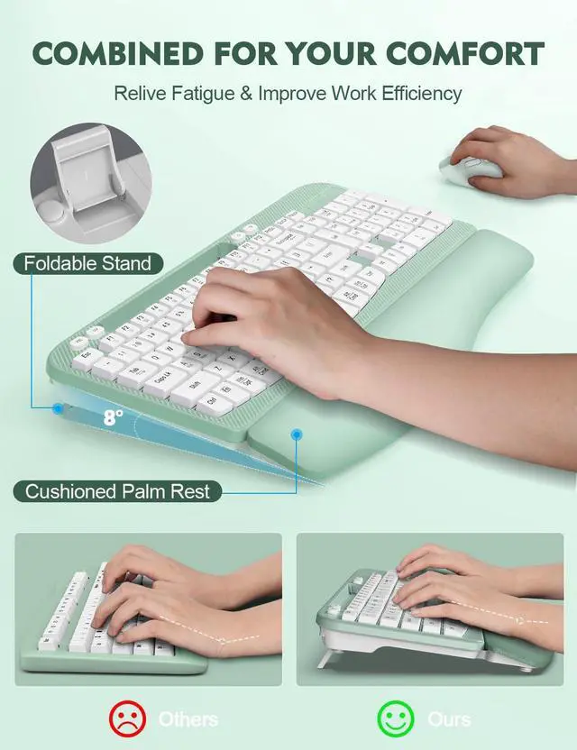 Alt view image 4 of 5 - Wireless Keyboard and Mouse Combo, Wave Keys Full-Sized Ergonomic Keyboard with Cushioned Plam Rest, Phone Holder, Comfortable Natural Typing, 2.4G Cordless Set for Computer, Laptop, PC, Mac, Windows