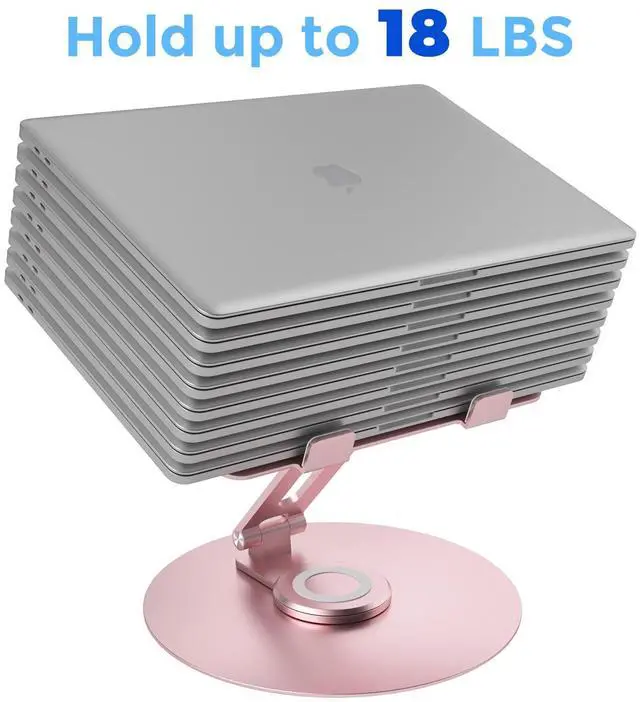 Alt view image 4 of 5 - Swivel Laptop Stand for Desk, Adjustable Height Aluminum Computer Stand with 360 Rotating Base, Foldable Ergonomic Riser, Portable Laptop Holder Compatible with MacBook, All Laptops 10-17'', Pink