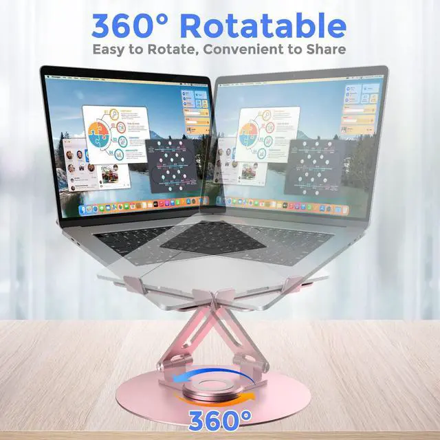 Alt view image 2 of 5 - Swivel Laptop Stand for Desk, Adjustable Height Aluminum Computer Stand with 360 Rotating Base, Foldable Ergonomic Riser, Portable Laptop Holder Compatible with MacBook, All Laptops 10-17'', Pink