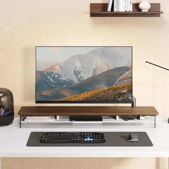 Alt view image 2 of 5 - Fenge Acrylic Monitor Stand Riser, 42.5 Inch Clear Dual Monitor Stand with Metal Storage, 2 Tier Computer Riser for Desk, Laptop, Printer, TV