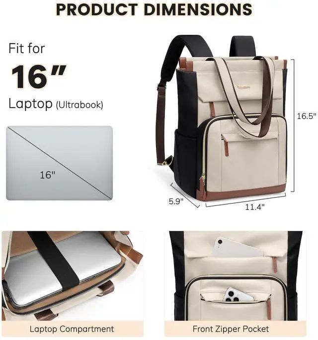 Alt view image 2 of 5 - GOLF QUALITY Convertible Daypack Laptop Backpack for Women Men Carry on Tote Backpack Bookbag for College Work Nurse Travel,16Inch,Apricot Brown