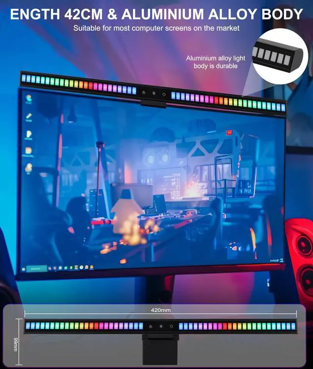 Alt view image 3 of 5 - Gugxiom Sound Pickup Monitor Light Bar, Voice-Activated Music Rhythm Gaming Led Lights, Eye-Care Computer Light Bar, Creative Colorful LED Ambient RGB Monitor Light, USB Powered, for Home/Gaming