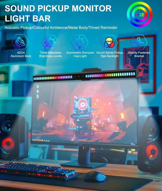 Alt view image 2 of 5 - Gugxiom Sound Pickup Monitor Light Bar, Voice-Activated Music Rhythm Gaming Led Lights, Eye-Care Computer Light Bar, Creative Colorful LED Ambient RGB Monitor Light, USB Powered, for Home/Gaming