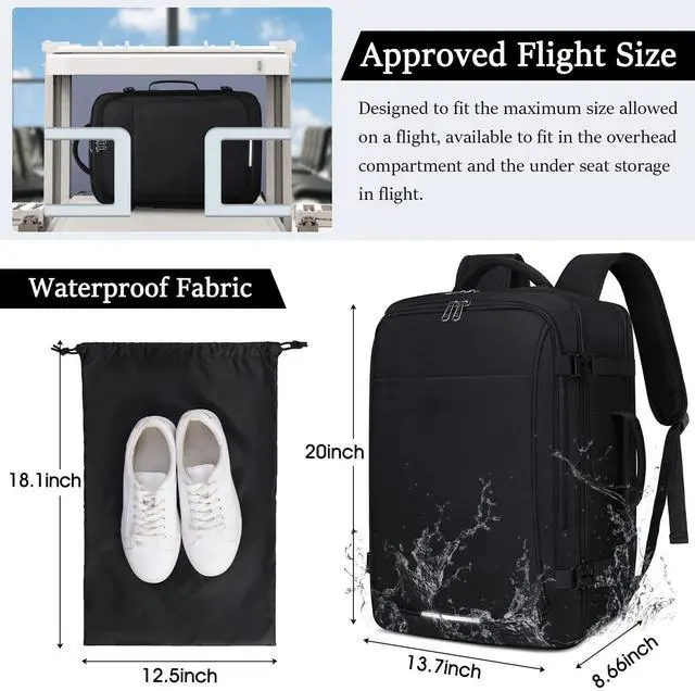 Alt view image 2 of 5 - IGOLUMON Travel Backpack for Men Women 40L Flight Approved Carry on Backpack 17 Inch Waterproof Laptop Backpack Large Luggage Daypack Business College Weekender Overnight Backpack with Shoe Bag, Black