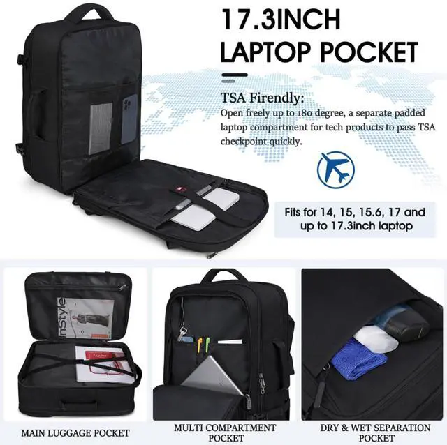 Alt view image 3 of 5 - IGOLUMON Travel Backpack for Men Women 40L Flight Approved Carry on Backpack 17 Inch Waterproof Laptop Backpack Large Luggage Daypack Business College Weekender Overnight Backpack with Shoe Bag, Black