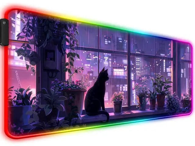 Main image of JIANG100 RGB Japanese Anime Cute Cat and Plant Gaming Desk Mat, Computer Keyboard Large Extended Kawaii Animal LED Mouse Pad for Office and Home, 31.5×11.8 Inches, XL, Purple