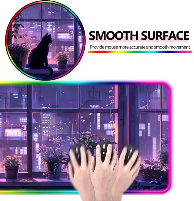Alt view image 3 of 5 - JIANG100 RGB Japanese Anime Cute Cat and Plant Gaming Desk Mat, Computer Keyboard Large Extended Kawaii Animal LED Mouse Pad for Office and Home, 31.5×11.8 Inches, XL, Purple