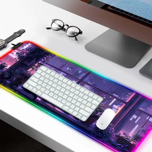 Alt view image 2 of 5 - JIANG100 RGB Japanese Anime Cute Cat and Plant Gaming Desk Mat, Computer Keyboard Large Extended Kawaii Animal LED Mouse Pad for Office and Home, 31.5×11.8 Inches, XL, Purple