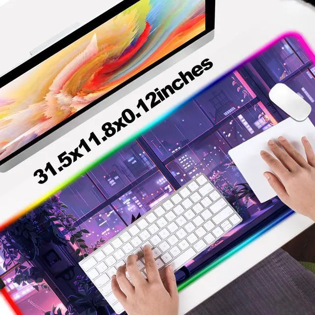 Alt view image 5 of 5 - JIANG100 RGB Japanese Anime Cute Cat and Plant Gaming Desk Mat, Computer Keyboard Large Extended Kawaii Animal LED Mouse Pad for Office and Home, 31.5×11.8 Inches, XL, Purple