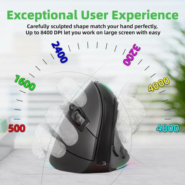 Alt view image 5 of 5 - IFYOO 2.4G / BT/Wired Tri-Mode RGB Rechargeable G53 Wireless Vertical Ergonomic Mouse, 5 Side Buttons, Max 8400 DPI, for PC Computer Notebook Laptop, for Windows 11 10, Mac, iPad OS, Android - Black