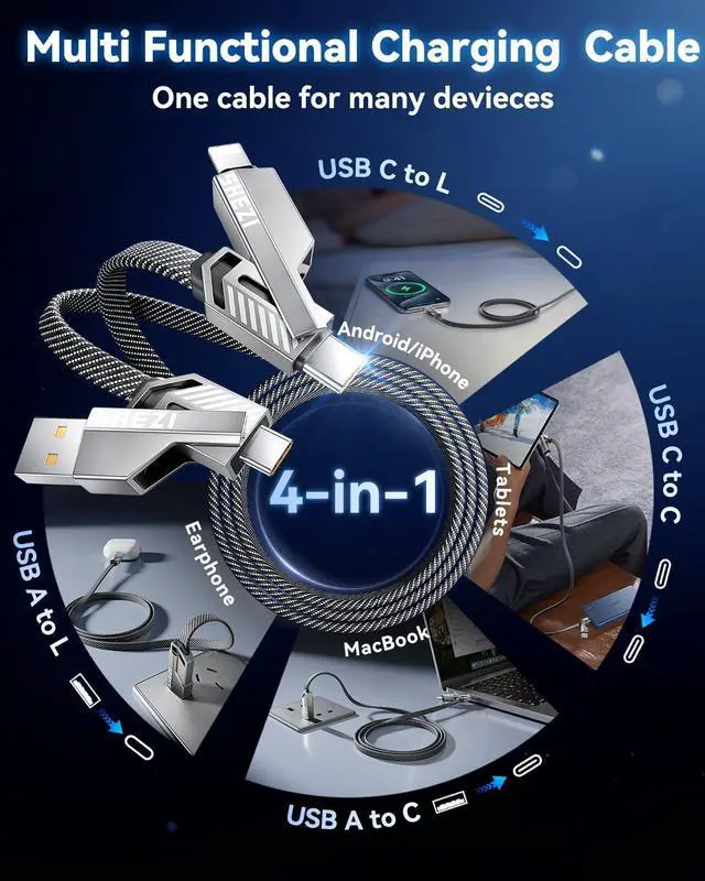 Alt view image 3 of 5 - Jixivor New 4-in-1 USB C to Lightning Cable 10ft, 60W Fast Charging, 15s Sync Data Transfer, CarPlay and Android Auto Support, USB A to Type C Multi Cord Combo for iPhone, Samsung, MacBook