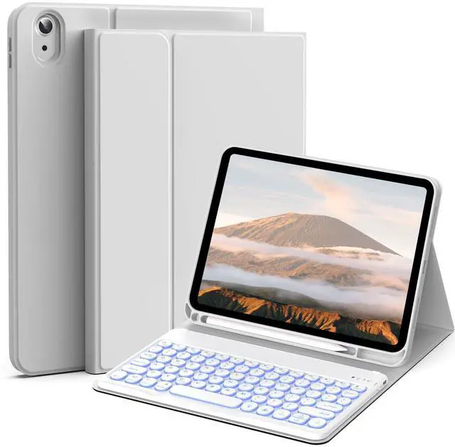 Main image of JKSML 10.9" Case for iPad 10th Gen 2022 with 7 Colors Backlit Keyboard & Pencil Holder, Detachable Bluetooth Round Key Keyboard (Quick Connection), Adjustable Brightness, Soft Silicone, Light Gray