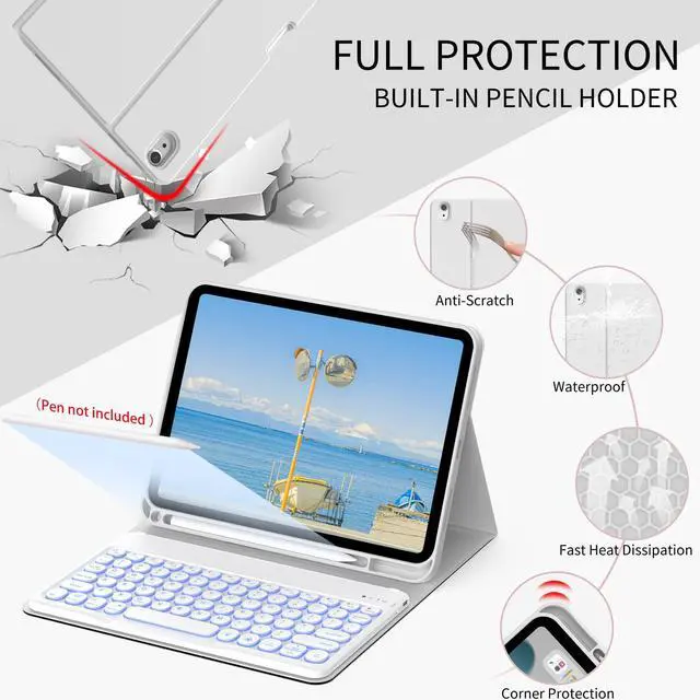 Alt view image 3 of 5 - JKSML 10.9" Case for iPad 10th Gen 2022 with 7 Colors Backlit Keyboard & Pencil Holder, Detachable Bluetooth Round Key Keyboard (Quick Connection), Adjustable Brightness, Soft Silicone, Light Gray