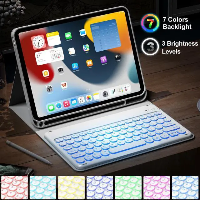Alt view image 2 of 5 - JKSML 10.9" Case for iPad 10th Gen 2022 with 7 Colors Backlit Keyboard & Pencil Holder, Detachable Bluetooth Round Key Keyboard (Quick Connection), Adjustable Brightness, Soft Silicone, Light Gray