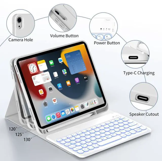 Alt view image 5 of 5 - JKSML 10.9" Case for iPad 10th Gen 2022 with 7 Colors Backlit Keyboard & Pencil Holder, Detachable Bluetooth Round Key Keyboard (Quick Connection), Adjustable Brightness, Soft Silicone, Light Gray