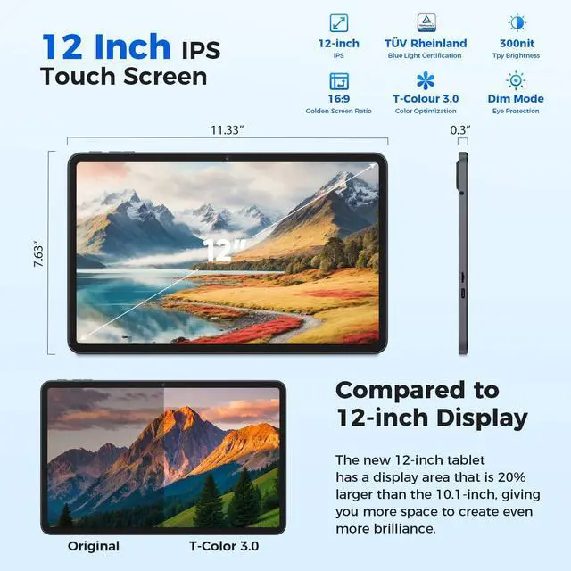 Alt view image 2 of 5 - Tablet 12 inch Android 15 Tablets, 24GB8+16RAM+256 Storage(Expand to 1TB), Android Tablet with Keyboard, Octa-Core, 2K 2000x1200 Display, 16MP Dual Camera, 8000mAh, 5G WiFi,GPS,Bluetooth 5.0Black