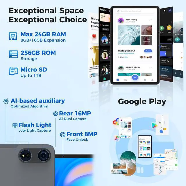 Alt view image 4 of 5 - Tablet 12 inch Android 15 Tablets, 24GB8+16RAM+256 Storage(Expand to 1TB), Android Tablet with Keyboard, Octa-Core, 2K 2000x1200 Display, 16MP Dual Camera, 8000mAh, 5G WiFi,GPS,Bluetooth 5.0Black