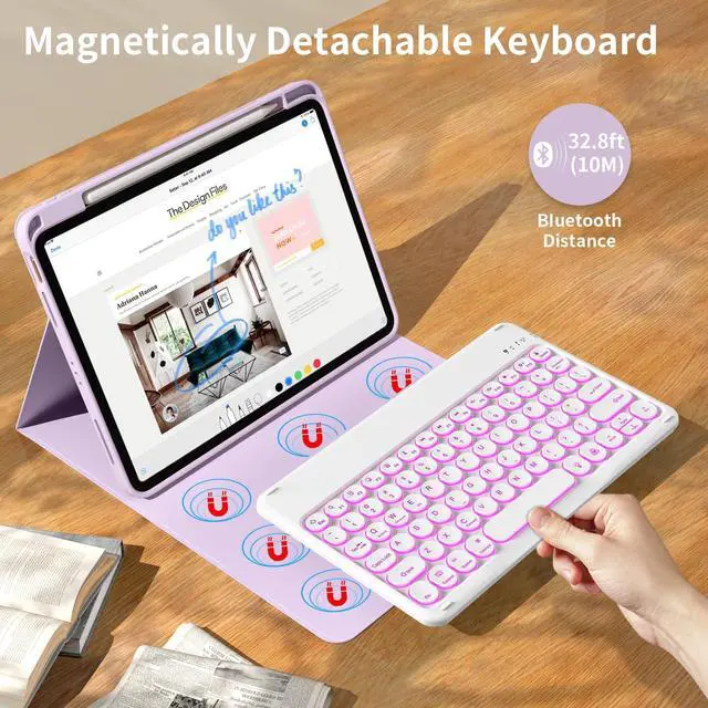 Alt view image 2 of 5 - kenke for iPad 10th Generation Case with Keyboard 10.9 inch 2022, Detachable Wireless Bluetooth iPad Keyboard Case with Built-in Right Side Pencil Holder, Backlit White Circular Keycaps (Purple)