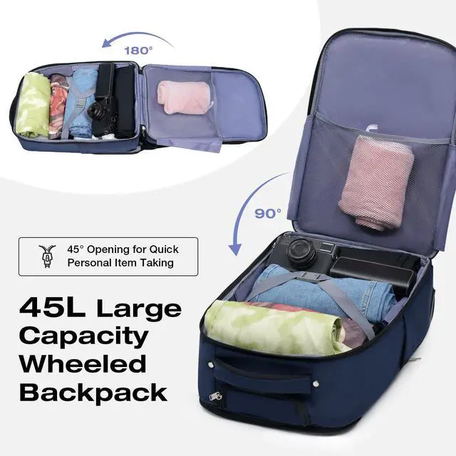 Alt view image 2 of 5 - Lekespring Rolling Backpack for Adults,17 Inch Waterproof Carry on Backpack with Wheels,Wheeled Backpack Carry on Luggage,Trolley Laptop Backpack with Wheels, Navy Blue Middle