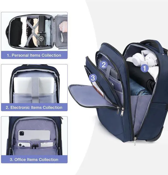 Alt view image 4 of 5 - Lekespring Rolling Backpack for Adults,17 Inch Waterproof Carry on Backpack with Wheels,Wheeled Backpack Carry on Luggage,Trolley Laptop Backpack with Wheels, Navy Blue Middle