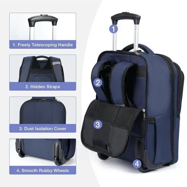 Alt view image 5 of 5 - Lekespring Rolling Backpack for Adults,17 Inch Waterproof Carry on Backpack with Wheels,Wheeled Backpack Carry on Luggage,Trolley Laptop Backpack with Wheels, Navy Blue Middle