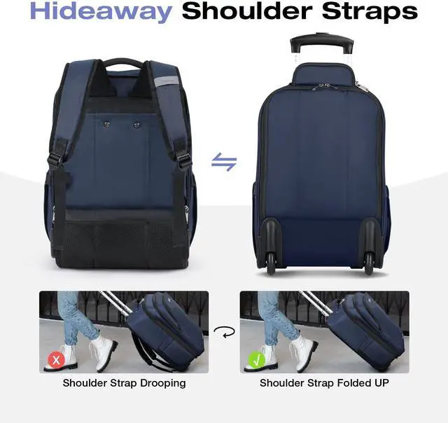 Alt view image 3 of 5 - Lekespring Rolling Backpack for Adults,17 Inch Waterproof Carry on Backpack with Wheels,Wheeled Backpack Carry on Luggage,Trolley Laptop Backpack with Wheels, Navy Blue Middle