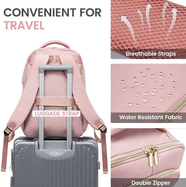 Alt view image 4 of 5 - LOVEVOOK Laptop Backpack for Women, Business Travel Backpacks Purse, Daily Computer Bag for Work, Stylish Teacher Office Daypack, 15.6 inch, Pink