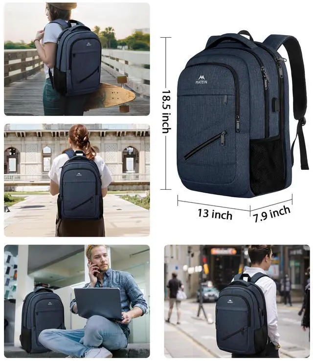Alt view image 5 of 5 - MATEIN 17 inch Laptop Backpack, Large Travel Backpack Carry On TSA Approved with Trolley Sleeve, Computer Work Bag with USB Charging Port, Water Resistant Daypack for College, Dark Blue