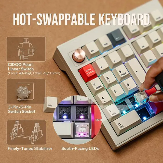 Alt view image 3 of 5 - MechLands CIDOO V33 Aluminum Wireless Numpad, VIA Gasket Number Pad, Keypad with Navigation, Arrow Keys, Knob, BT5.0/2.4GHz/USB-C Wired Connections for Windows/Mac OS/Linux