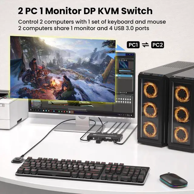 Alt view image 2 of 5 - 8K@60Hz 4K@120Hz Displayport KVM Switch 1 Monitors 2 Computers with 4 Port USB 3.0 Hub, 2 Port DP KVM Switch for 2 Computers Share 1 Set of Keyboard, Mouse and 1 Monitor
