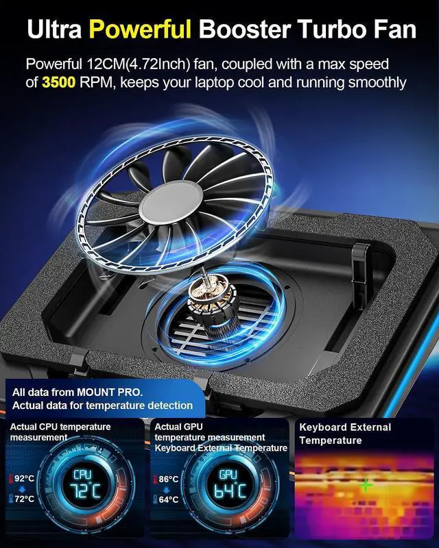 Alt view image 2 of 5 - MOUNT PRO Gaming Laptop Cooling Pad, RGB Laptop Cooler Stand with Powerful Turbofan (3500 RPM), Height Adjustable Laptop Fan Cooling Pad for 13-19 Inches Notebook, with Sealed Foam, Touch Control