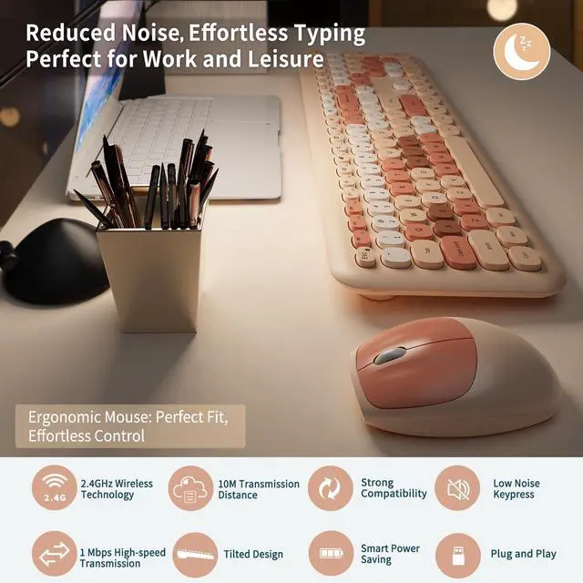 Alt view image 5 of 5 - Nowlike Wireless Keyboard and Mouse Combo, Retro Typewriter Keyboard with Round Keycaps, Full-Size Ergonomic, Brown, Ideal for Windows PC, Home, Office, and College, Wireless Keyboard Mouse Combo