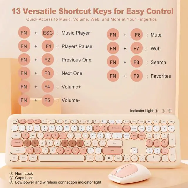Alt view image 3 of 5 - Nowlike Wireless Keyboard and Mouse Combo, Retro Typewriter Keyboard with Round Keycaps, Full-Size Ergonomic, Brown, Ideal for Windows PC, Home, Office, and College, Wireless Keyboard Mouse Combo
