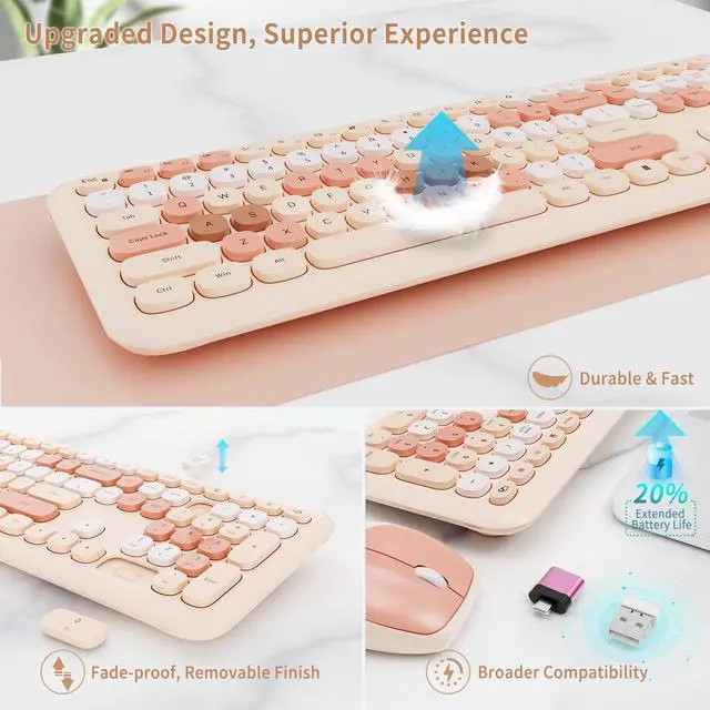 Alt view image 4 of 5 - Nowlike Wireless Keyboard and Mouse Combo, Retro Typewriter Keyboard with Round Keycaps, Full-Size Ergonomic, Brown, Ideal for Windows PC, Home, Office, and College, Wireless Keyboard Mouse Combo