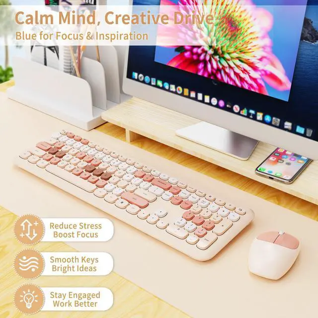 Alt view image 2 of 5 - Nowlike Wireless Keyboard and Mouse Combo, Retro Typewriter Keyboard with Round Keycaps, Full-Size Ergonomic, Brown, Ideal for Windows PC, Home, Office, and College, Wireless Keyboard Mouse Combo