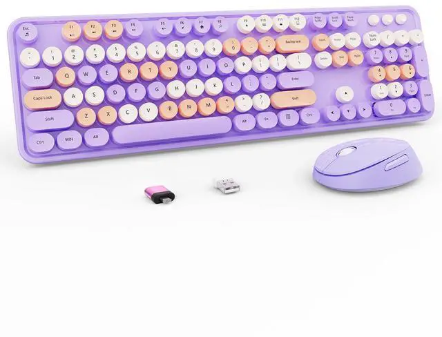 Main image of Nowlike Wireless Keyboard and Mouse Combo, Retro Typewriter Keyboard with Round Keycaps, Full-Size Ergonomic, Purple, Ideal for Windows PC, Home, Office, and College