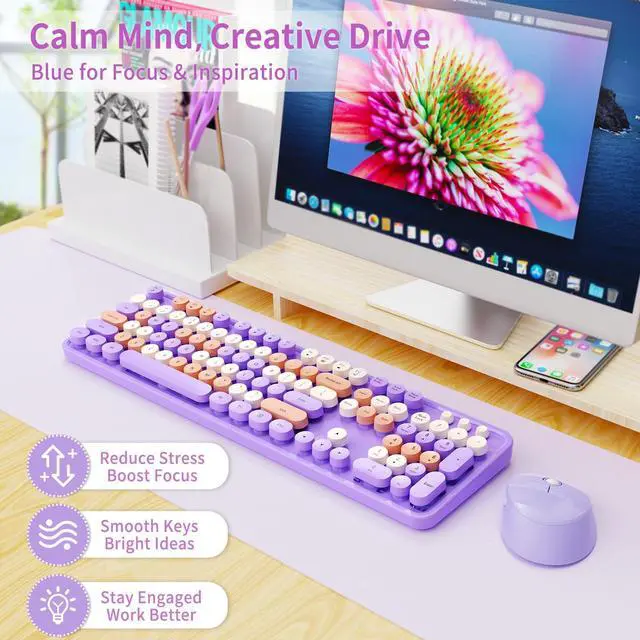 Alt view image 2 of 5 - Nowlike Wireless Keyboard and Mouse Combo, Retro Typewriter Keyboard with Round Keycaps, Full-Size Ergonomic, Purple, Ideal for Windows PC, Home, Office, and College