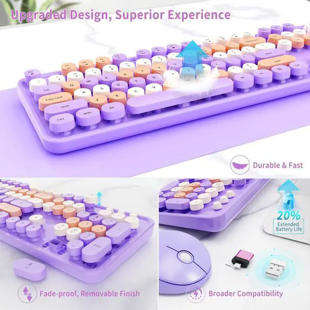 Alt view image 4 of 5 - Nowlike Wireless Keyboard and Mouse Combo, Retro Typewriter Keyboard with Round Keycaps, Full-Size Ergonomic, Purple, Ideal for Windows PC, Home, Office, and College