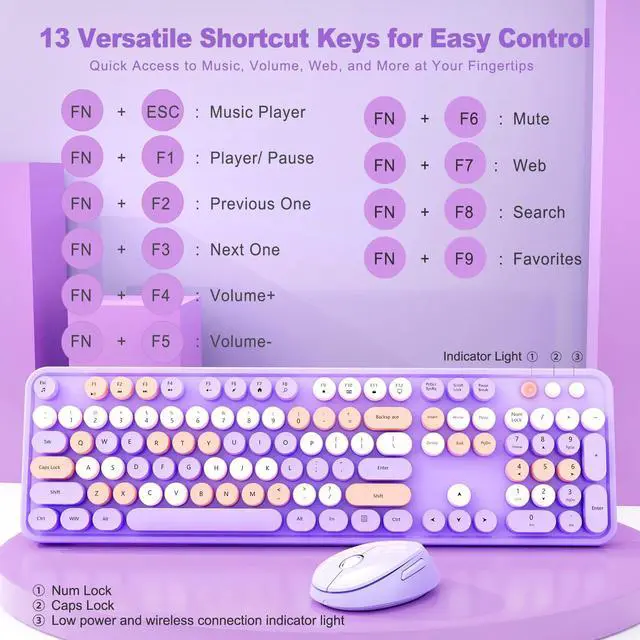 Alt view image 3 of 5 - Nowlike Wireless Keyboard and Mouse Combo, Retro Typewriter Keyboard with Round Keycaps, Full-Size Ergonomic, Purple, Ideal for Windows PC, Home, Office, and College